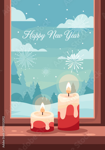 Candles on windowsill with New Year greeting, cozy winter scene, festive decoration