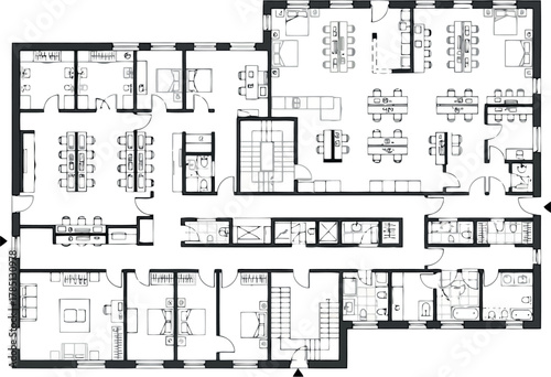 Architectural floor plan of a modern office space with cubicles, meeting rooms, and private offices
