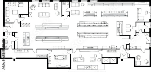 Architectural floor plan of a retail store layout with aisles and display areas