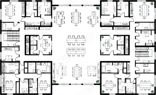 Architectural floor plan of a large building with multiple units and central courtyard