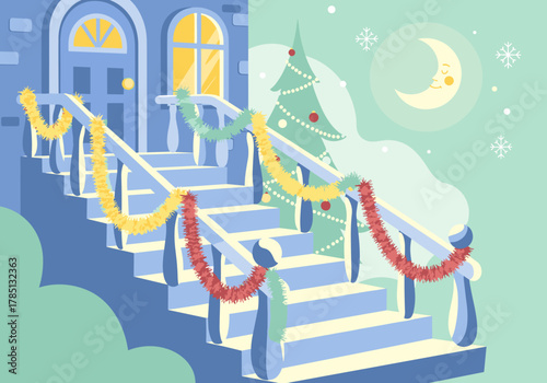 Tinsel decorations on stairs leading to house, festive winter scene, cozy atmosphere