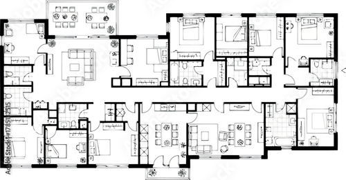 Detailed floor plan of a large residential building with multiple apartments and rooms