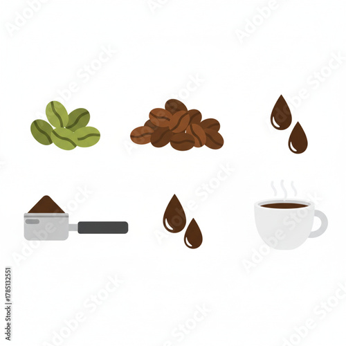 Coffee beans and brewed coffee illustration with drops and portafilter
