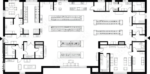 Floor plan of a retail store layout with aisles, checkout counters, and back rooms