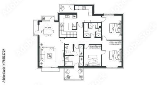 Floor plan of a modern house with living room, dining area, kitchen, and bedrooms