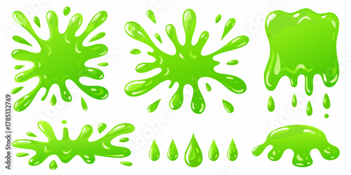 Collection of bright green cartoon slime blobs and splatters with dripping effects on white background