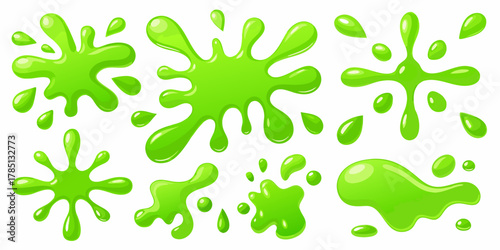 Collection of bright green cartoon slime splashes and drips on a white background