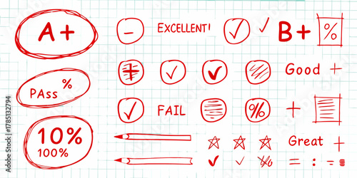 Hand drawn red school grading symbols and marks on a blue grid paper background