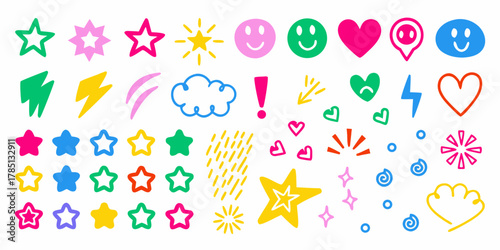 Vibrant collection of hand drawn doodle icons featuring stars hearts smiles clouds and lightning bolts