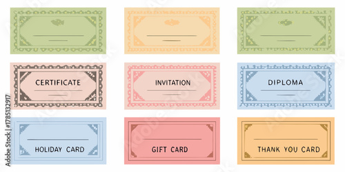Collection of nine decorative pastel colored certificates invitations gift cards and holiday cards