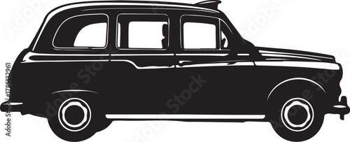 Black silhouette of a classic London taxi cab viewed from the side on a white background black cab vehicle on transparent background