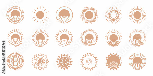 Collection of minimalist sun and sunrise icons with abstract geometric and organic designs