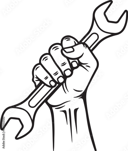 Black and white illustration of a clenched fist holding a wrench, symbolizing labor or mechanics on a white background Keywords: fist, hand, wrench, tool, mechanic, labor, on transparent background