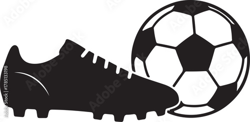 Black silhouette of a soccer cleat next to a soccer ball on a white background football shoe on transparent background