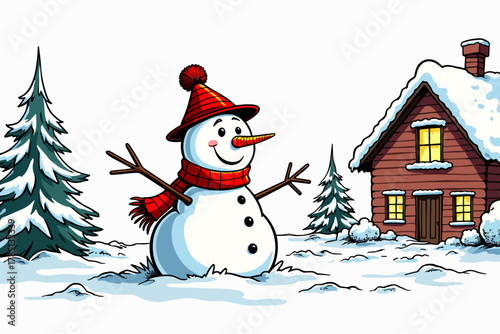 Snowman in winter landscape near house, cheerful holiday scene, festive atmosphere, copy space