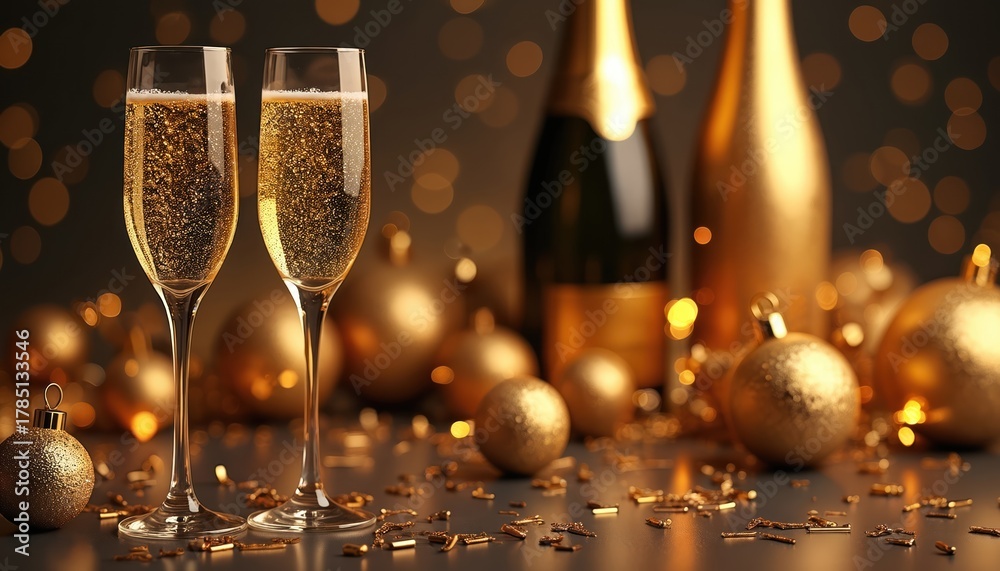 Obraz premium Two flutes of champagne sit on a table with golden balls and bottles. Confetti scatters around the glasses suggesting a festive and luxurious celebration.