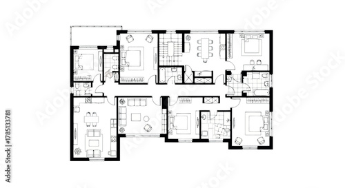 Architectural floor plan of a spacious apartment with multiple rooms and balconies