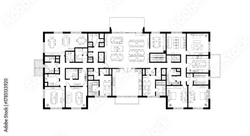 Detailed floor plan of a large residential building with multiple units and common areas