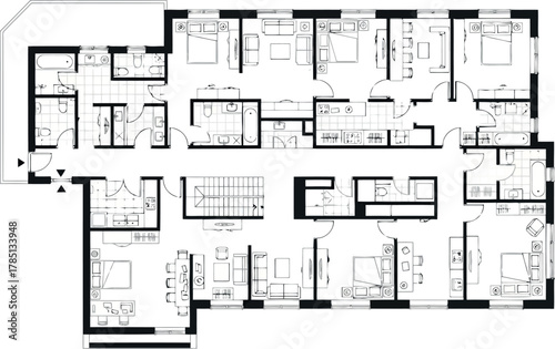 Complex floor plan of a large residential building with multiple units and common areas