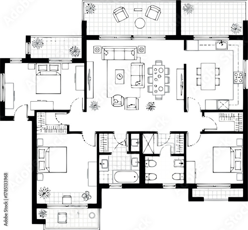 Detailed floor plan of a spacious apartment with multiple bedrooms, balconies, and living areas