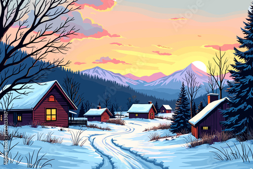 Winter village at dusk with mountains and snow, serene landscape, cozy atmosphere
