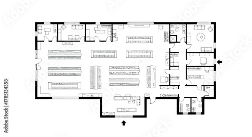 Floor plan of a supermarket layout with aisles, checkout counters, and back rooms