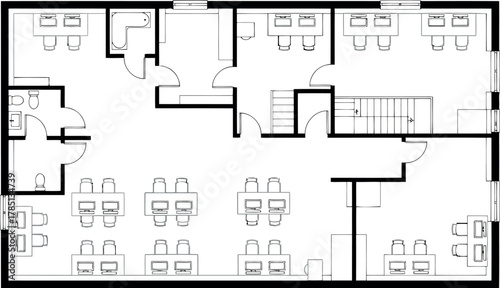 Office floor plan with cubicles, meeting rooms, and reception area