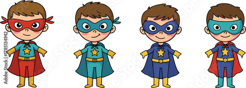 Cartoon boy superheroes, vector illustration, costume variations, star emblem, mask and cape, action pose, confident character, stock image, heroic theme