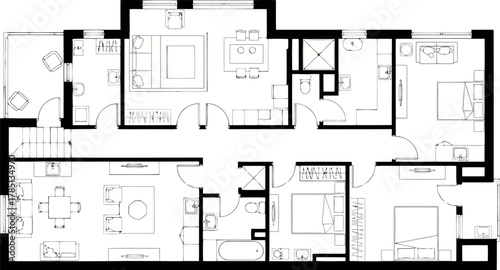 Architectural floor plan of a spacious apartment with multiple bedrooms and living areas