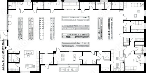 Architectural floor plan of a retail store layout with aisles, shelves, and back rooms