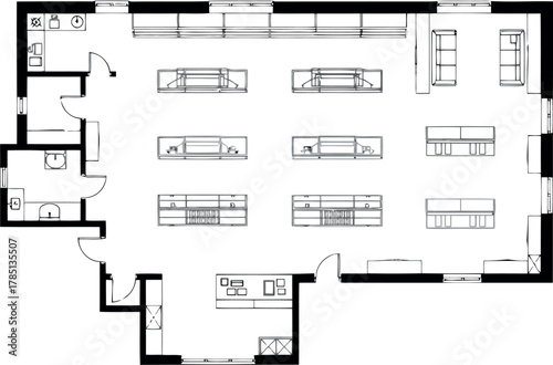 Retail store floor plan blueprint with shelves and checkout counter
