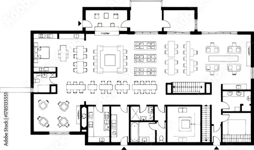 Complex building floor plan blueprint with multiple rooms and areas