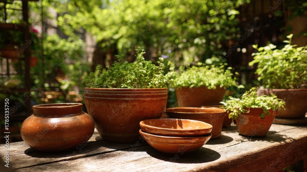Fototapeta premium Clay pots display vibrant green herbs like basil and thyme in a sunlit garden. The surrounding area is lush with foliage, enhancing the natural beauty and tranquility of the space.