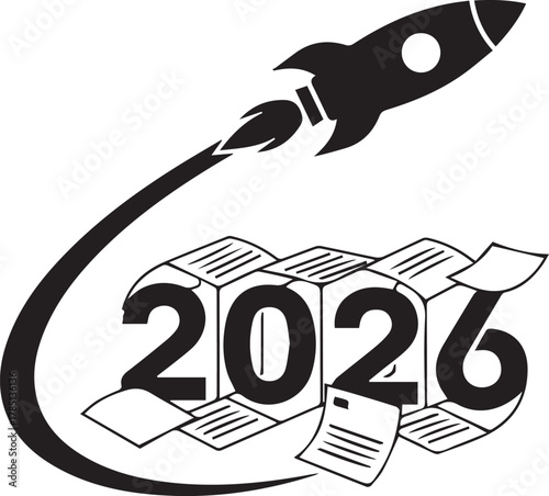 Black rocket ship launching over stacked paper blocks forming the year 2026 with trailing smoke and curved line