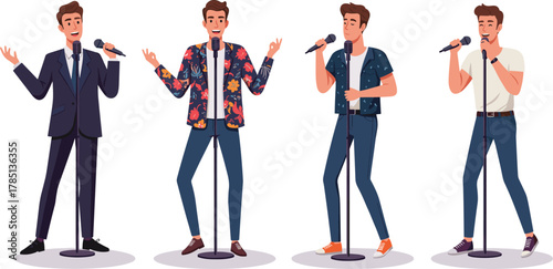 Cartoon male singers, vector illustration, microphone performance, fashion styles, music theme, expressive pose, stage presence, stock image, singing character, outfit variation