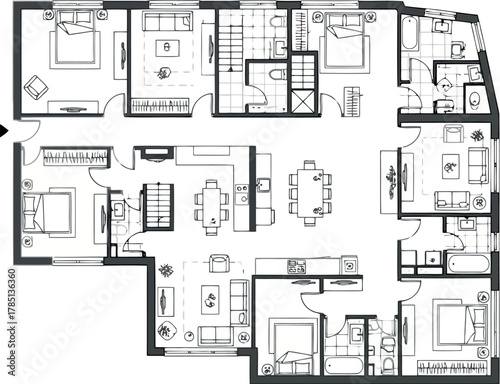 Architectural floor plan of a large apartment with multiple bedrooms, living areas, and bathrooms
