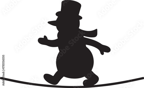 Black silhouette of a snowman wearing a top hat and scarf walking on a tightrope white 1