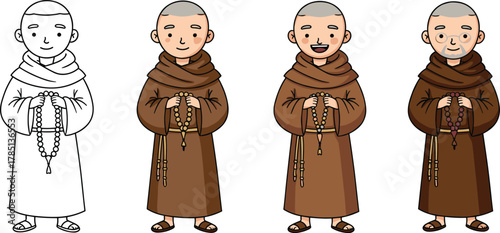 Cartoon monk, vector illustration, character development, rosary pose, brown robe, aging stages, spiritual theme, religious figure, stock image, smiling face