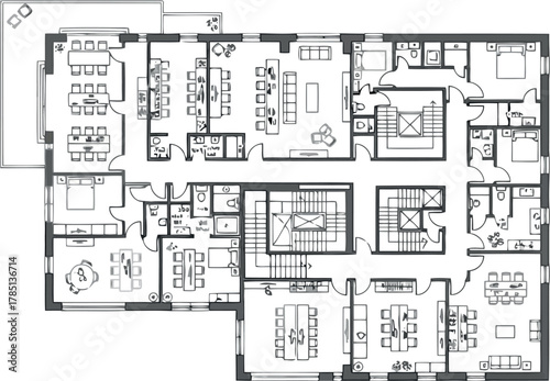 Architectural floor plan of a large residential building with multiple units and common areas
