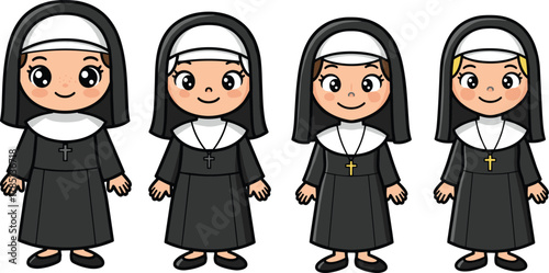 Cartoon nuns, vector illustration, religious characters, black habit, cross necklace, smiling faces, diverse appearance, spiritual theme, stock image, uniform pose