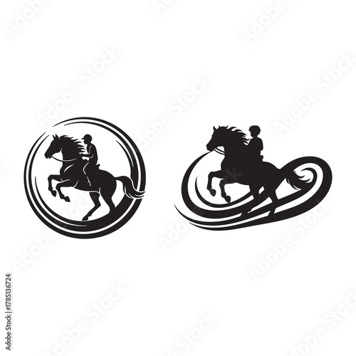 Horse rider silhouette logo set, elegant equestrian design, dynamic horse riding vector emblem