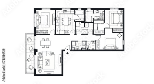 Architectural floor plan of a spacious apartment with a unique lshaped layout, including furniture