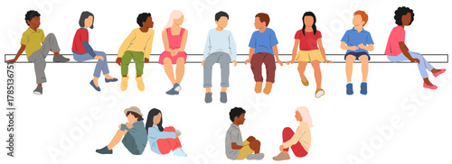 Group of boys and gerls sitting on a bench, different colors, cartoon character, silhouettes of children, teenagers, flat icon design concept, isolated on white background