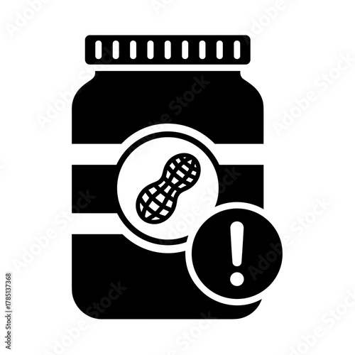 Illustration of a peanut butter jar with a peanut symbol and an exclamation mark warning sign icon