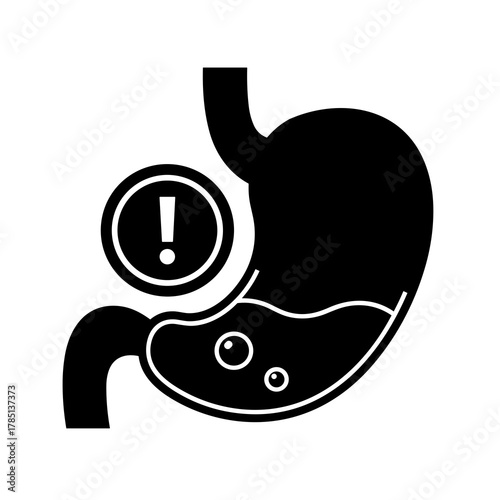 Black stomach with liquid and bubbles and an exclamation mark circle indicating a problem inside it icon
