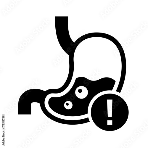 A black and white drawing of a stomach with liquid and an exclamation point in a circle near it icon