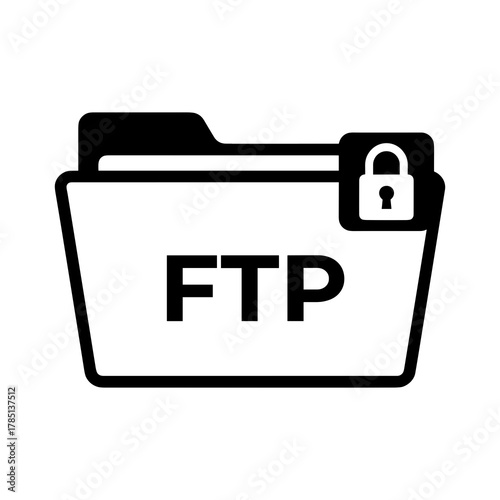 Black folder with ftp text and a padlock icon indicating secure file transfer protocol access point icon