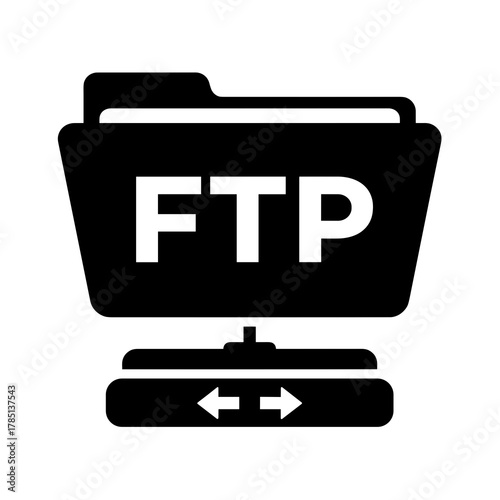 Black folder with ftp letters and arrows indicating data transfer on a white background design icon