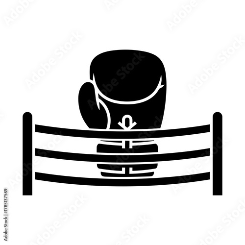 Illustration of a boxing glove inside a ring with ropes and posts in a monochrome black and white style icon