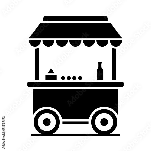 Illustration of a food cart with wheels and a display of items under a canopy style roof design icon